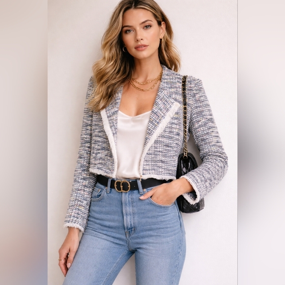 Elizabeth and James Tweed Fringe Cropped Jacket Blazer Small